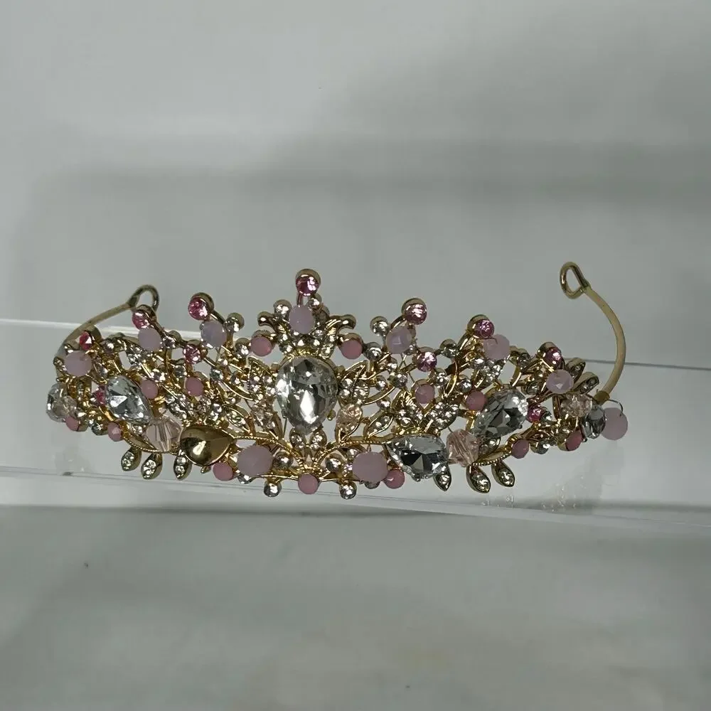Gold Tone Pink Rhinestone Tiara Floral Princess Crown Bridal Prom Costume